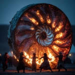 **some dancers dancing arround a giant burning Ammonite Amanita bowl --sref <https://s.mj.run/RgZs4NKlSts> --v 7.0 --raw** - Image #1 <@1071135204846096475>