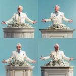 **a wealthy televangelist with a pile of money next to him on the pulpit, medium shot, against a light blue background, photorealistic --v 7.0** - Variations (Strong) by <@809605622495445044> (fast)