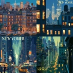 **a nighttime cityscape of New York City, viewed from a straight-on eye-level perspective, with neatly aligned mid-rise and high-rise buildings, illuminated by warm glowing windows and clusters of overhead streetlights, a few classic yellow taxis on the road, calm evening atmosphere, illustrated in the style of The New Yorker covers, detailed urban composition, flat yet elegant lighting, minimalist yet expressive rendering, deep navy sky with gentle reflections --niji 6** - <@762679659153850410> (relaxed, stealth)