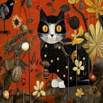 **a happy curious adorable parisian netsuke kitty cat exploring a crazy gold leaf nature jungle world of apple worm peanuts flowers birds cheddar cheese moth, tornadic scan lines by jack whitten --v 6.1 --p tn2xxqf --sref <https://s.mj.run/AruJD-ll-Ac> <https://s.mj.run/UYjfoh6TeLU> <https://s.mj.run/r8dknsmM5M0> <https://s.mj.run/5AbKvhD0Guc> --cref <https://s.mj.run/YLW5u05qWW0> --cw 22 --q 2 --ar 53:40** - Image #1 <@1059292469474373672>