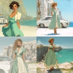 **a white girl with tanned olive skin and curls in dirty blond hair to her waist. She wears a tea length dress in soft sea foam green with cream color accents. She stands before a tall cliff by the sea and looks like a model. She should look drawn by an artist and realistic and perfect. There should be an old timey white motor car in the distance.** - <@1409384572613034007> (fast)