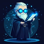 **Futuristic legal wizard mascot, glowing blue eyes, wearing a judge robe mixed with a wizard cloak, holding a digital scroll and a smartphone, cartoonish but clean, high-tech magical vibe, flat design - vector art --s 250** - Image #1 <@844314166369583134>