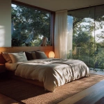 **rich, pronounced 35mm film grain, subtle frame edge softness, authentic Kodak Portra 160 film texture pushed one stop, halation bloom on highlights, gentle color shift in shadows for analog realism, shot on Hasselblad 500CM" ultra-luxury minimal master bedroom seamlessly blending with nature. Floor-to-ceiling glass opens to a private balcony overlooking lush treetops of the Queensland hinterland. King bed with low timber headboard in warm washed oak, dressed in natural Belgian linen with muted cream and soft grey tones. Textured jute rug underfoot, sculptural bedside lamps with soft warm glow. Early morning light filtering through sheer curtains, lifted shadows, soft highlights, warm neutral tones, balanced whites. Composition centered, allowing symmetry between interior and landscape, editorial architectural photography.** - Image #4 <@837237355722571776>
