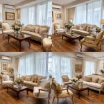 **interior design of a model unit showing the living area in french country style. walnut wood floor. light brown 3-seater sofa. french provincial lounge chairs. sheer white curtains.** - Variations (Strong) by <@1231814052913877045> (fast)
-# Create, explore, and organize on [midjourney.com](<https://midjourney.com/imagine?from_discord=1>)