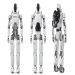 **a humanoid robot similar to the Unitree G1 or the Tesla Optimus. This is an original robot, humanoid in style, with its own unique "face". please show the robot design against a purely white background and provide front side and back angles. the robot should be about 5 feet tall. Realistic photography. Photoreal. --ar 16:9 --v 7.0** - Image #1 <@1081928187845542040>