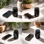 **close up photograph of an iphone 16 and a 6oz black plastic jar on a white counter top. the iphone is face-up and next to the black plastic jar. product shot, advertising, affiliate program --v 7.0 --ar 16:9** - Variations (Strong) by <@1061750239708577893> (fast)