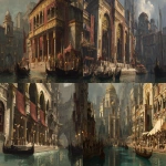**A golden-ornamented merchant palace rising over Ilrien’s canalfront, lined with exotic goods, silk banners, and armored gondoliers unloading lavish cargo. Fine-robed nobles and accountants pass beneath gilded arches, abacuses and scrolls in hand. Intricate carvings, merchant sigils, and guarded vault doors suggest immense wealth and quiet menace. Venetian-Byzantine architecture, dramatic overcast lighting, opulent but restrained color palette, cinematic framing --ar 2:1 --v 7.0** - <@197135255692509185> (fast)