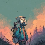 **<https://s.mj.run/RTecCqauTFQ> Reimagine this clean cartoon illustration in a painterly, atmospheric style. Use muted earthy tones blended with halloween colored pastels, textured brush strokes, and hazy gradients in the sky. Hiking through the forest with his cat. In the Pacific Northwest near the mountains during blue hour. Apply loose, expressive linework with subtle shading, crosshatching, and worn textures. Add depth and warmth through cinematic lighting and moody color grading. Expressions should remain exaggerated yet nuanced, balancing humor and melancholy within an atmospheric, storybook-like setting. Color Palette: 20% pastel periwinkle 40% pastel cotton candy 20% pastel sekura pink 10% pastel celadon 10% pastel black** - Image #4 <@757787837981786134>