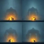 **A vertical, cinematic scene set in thick, misty fog. In the background, a colossal, ghostly figure stands facing directly forward the massive shoulders and torso of a humanoid giant with a head made entirely from the U.S. Capitol dome. The dome is seamlessly integrated, intimidating, expressionless, and symbolic of systemic power and political threat. The giant looms in silence, ethereal and cold, with minimal detail except strong architectural and structural weight in its form. In the foreground, a glowing doctor figure kneels with deep compassion. The figure is made entirely of radiant light warm gold and white and is gently listening to the heartbeat of a small glowing child using a clearly visible stethoscope. The doctor’s posture is intimate and protective. The child stands calmly, trusting. Both figures glow from within and are the only light source in the scene, casting light into the fog that gently reveals the presence of the looming Capitol-giant. The composition emphasizes the massive scale contrast between the giant and the glowing human figures. Visual style is painterly or digital illustration poster-ready, dramatic, and reverent. Chiaroscuro lighting, soft fog diffusion, and strong emotional impact. Use warm glow for the figures and cool grays and blues for the giant and background. Emotion: quiet defiance, compassion under pressure, light in systemic darkness. --ar 2:3 --v 7.0** - Variations (Strong) by <@801873084395028480> (fast)
