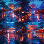 **vibrant japanese pagoda on top of Fushimi Inari mountain at night, magical neon glow, cinematic lighting, stylized reflections on wet stone path, richly colored background, dreamy bokeh, mystical atmosphere, animated movie style, 3D digital art, warm orange tones contrasting with deep blues and purples --ar 2:3 --v 6.0 --s 250 --raw** - <@1174846563693113384> (fast)