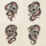 **A snake traditional old shcool skull tattoo design, white background** - Variations (Strong) by <@1289925671455559733> (fast)