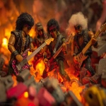 **heavy metal glamrock reptilian 80s hair bandsaw sawing through electric guitars, sparks and debris flying everywhereas the band plays "down with the thickness" --p djcuvnt --ar 4:3** - Image #4 <@948741381743083580>