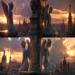 **<https://s.mj.run/wuNJI46T_x4> angel statue sitting on a cathedral ledge, overlooking an ancient European city at sunset, warm golden sunlight reflecting on the marble surface, dramatic sky with orange and purple clouds, detailed feathers, cinematic lighting, serene and melancholic mood, ultra realistic 8k, architectural background with domes and spires, depth of field, --ar 16:9 --v 7.0 --raw** - <@840206790985383936> (fast)
