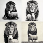 **photo realism. Black and grey design. Male lion posing with a sheep. Sheep is standing in front of lion with lion head towering over. Both animals looking at camera. Clean lines, clean shading. White background** - <@651578269954736176> (fast)