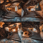 **ancient fortress grand stairway, twisted tree roots on ceiling with elegant stone floors, tree roots stair banister railing, paintings on walls, sunset lighting, 8k detail, shot on a Sony Alpha a7 III camera --ar 9:16 --v 6.1** - Variations (Strong) by <@941416877790486558> (fast, stealth)