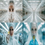 **wes anderson, symetrical, symetrical composition, wide composition, photo, photo real, realism, film photo, 35mm, film grain, fujifilm, portrait, F1.4, Natural light, dramatic light, modern, reflections, science, white and bright color pallette, wide portrait of a woman engineer in a semiconductor clean room holding up a new microchip design, cinematic, --ar 16:9** - <@947348620636729354> (fast)