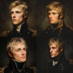 **painted portrait of a napoleonic era officer. Black uniform, twenty two years old. Blonde with blue eyes. Thoughtful, poetic.** - <@645095506447564800> (fast)