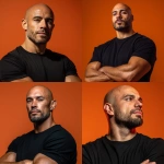 **Editorial portrait of a 30-year-old Brazilian man with an athletic build, bald, with a short beard, wearing a plain black personal trainer uniform, posing with his arms crossed. The background is a solid orange background #FE4F09. Professional lighting with a 45° softbox as the main light and a soft contour light to separate the model from the background, resulting in balanced and realistic shadows. Captured with a Canon EOS R5 camera and 85mm f/1.8 prime lens, f/5.6 aperture, ISO 100, shutter speed 1/160s, preserving the entire dynamic range. The skin should be as realistic as possible: open and visible pores, natural uneven texture, slight photographic grain, micro-details of expression lines, subtle dark circles and crow's feet preserved, soft glow in illuminated areas, balanced contrast between light and shadow, without excessive smoothing. The hair and clothing fabrics should have rich and detailed texture. Negative points: artificial skin, 3D/cartoonish appearance, strange eyes, deformities, excessive saturation or sharpness, excessive artificial lighting, aggressive vignetting. 3:4** - <@1088178834882433214> (fast)