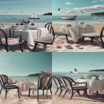 **A beachside dining setup with:: three chairs:: and a table set for an evening meal, overlooking the Baltic Sea in the summer, in soft pastel colors. The scene includes people strolling on the nearby sandy beaches, boats sailing along the water's edge to the horizon. A vase of flowers sits atop one of the chairs, adding to the romantic ambiance. In the style of digital art, flat illustration, detailed, vector, high resolution, masterpiece, soft lighting, minimalistic, plain polar vortex background. --cref <https://s.mj.run/ZiCEHTGbrXM> --sref <https://s.mj.run/uBEmoaVfXaw> --ar 3:5 --v 6.1** - <@1104724558256279573> (fast)