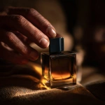 **shadow of masculine hands pulling a small square black glass perfume bottle out of a dark poool of amber colored sensorial oil. The light is diffused and low, revealing texture only in suggestion, not in shine. Every tone sits within a warm spectrum of sienna and tobacco brown. The image feels cinematic and meditative, like the opening frame of a luxury skincare film matte, understated, timeless. ar 21:9 style raw v 6 q 2 uplight low contrast dark tone** - Image #2 <@1137240197814288404>