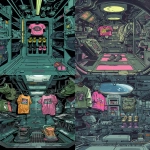 **A flat, straight-on comic-book style illustration of a Moon Boot gear wall inside a retro-futuristic spaceship. The perspective is fully frontal no vanishing point, no depth. The interior features modular sci-fi wall panels and a command module vibe mechanical, functional, slightly industrial. Hanging Moon Boot t-shirts with space-race graphics and stacked boots are rendered in bold silhouettes. The color palette is dark and grounded: charcoal black, olive green, chrome silver, and bubblegum pink accents. Pops of lemon yellow used sparingly. Solid colors only no gradients, no pastel tones, no realistic lighting. The style is inspired by Syd Mead’s early industrial designs and 1980s sci-fi comic books. Feels like a gear locker panel aboard a racing spaceship, drawn for a vintage catalog or sticker sheet. --v 6.0 --ar 9:16 --raw** - <@1053079618342633592> (fast)