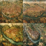 **Ancient map of the northern Italian city of Belluno from the 14th century, oil painting, a medium-sized church stands in the middle of the city, a large ruler's estate with its own wall stands near the large market square, a river flows south of the elongated city, outside the city walls there are individual buildings and farms, --v 7.0 --ar 16:9** - <@587021342965235713> (fast)