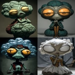 **shhhh humanoid alien creature, the queen of the inflated balloon head, large round bulging eyes, cinematic lighting --ar 2:3 --p 36k5xl9 --exp 50 --v 7.0** - <@1018138887199129620> (relaxed)