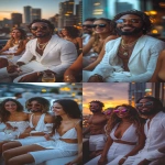 **candid photograph of a group of friends sitting in a trendy mahnattan rooftop lounge at night. There are 4 friends dressed in trendy white linen evening attire and are dancing in their seats, having fun. fashion, armani; gucci, hilton hotels, deejay, music --v 6.1 --stylize 1000 --ar 9:16** - <@1061750239708577893> (fast)