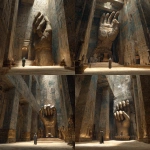 **dnd; room in an egyptian temple; a large sculpture of a bronze forearm and clenched fist rises from the floor in the middle of teh room; an aged egyptian high priest stands next to the raised fist sculpture --v 7.0** - Variations (Strong) by <@771747841559232613> (fast)