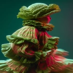 **Abstract, long-exposure portrait of a kid dressed as a head of lettuce in Belle Epoque fashion, their silhouette blurred in fluid motion beneath flickering gaslight chandeliers. Cascading layers of delicate lettuce ruffles and lace sleeves dissolve into painterly streaks, evoking a surreal fusion of haute couture and garden whimsy. The darkened room suggests a velvet-draped Parisian theatre, bathed in grainy soft focus and lit by ethereal turquoise and dusky rose highlights, casting shimmering reflections on lacquered floors and stained-glass panels. Their verdant costume flows like ink in water, caught mid-gesture in a ghostly sweep of time. A nostalgic film grain overlays the entire image, like a lost glass-plate negative, while soft light blooms around their figure, forming a gentle halo of innocence and mystery. The mood is poetic and otherworldly as if captured during a Belle Époque séance inside an art nouveau dream. High resolution, surreal motion blur, tonal color grading, and cinematic lighting. --ar 2:3 --profile sdrrzng --ow 50 --stylize 350 --oref <https://s.mj.run/5UfkGHZpf1w> --v 7.0** - Image #1 <@1197624915298357348>