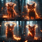 **A mythical fox made of fire, a halo of electricity floating above head, fireflies flying around background, inside of a mystical misty forest, embers in foreground, cinematic, bokeh effect, abstract, foxfire, 3d, uhd, octane render --ar 3:4 --v 6.1** - Variations (Strong) by <@812948421366644747> (fast, stealth)