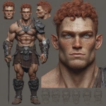 **Character design sheet. Realistic 3d rendering. Character design sheet of a ruggedly handsome, Hyper muscular handsome half orc, bodybuilder, bright silver eyes, short curly red Mohawk, short pointed ears, defined muscles, Huge leg muscles, huge pectoral muscles, big arm muscles, vascular hyper muscular, wide Grecian nose, strong square jaw, defined cheek bones, masculine features, freckles, Bodybuilder, short pointed ears, wearing Roman gladiator armor. --v 7.0** - Image #3 <@1222981214734913607>
