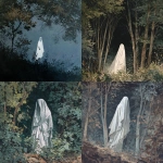 **phantom woman with a white vaporous dress , covered with a veil, floating between the trees melancolic, scary, sad, gouache painting --v 7.0** - <@1282363709964025901> (fast)