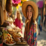 **Create a hyper-realistic street scene in Mexico City featuring actress Sydney Sweeney as a cheerful street vendor selling traditional Mexican huaraches (both the leather sandals and the oval-shaped corn masa dish). She is wearing a colorful embroidered blouse with bright floral patterns, a woven straw hat for sun protection, and a wide friendly smile. Her stall is a rustic wooden table covered with a vibrant sarape cloth, displaying neatly arranged leather huaraches in various sizes, alongside plates of freshly made huaraches de nopal with salsa and toppings. The background shows a lively Mexican street market with papel picado decorations, warm golden hour sunlight casting soft shadows, and customers passing by. The atmosphere is festive, colorful, and full of cultural detail, with realistic textures of leather, wood, and food. --v 6.1 --ar 16:9** - Image #2 <@1033258789991895111>