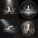 **white octopus floating in the darkness, engraving, illustration, Gustave Diore style, symetric** - <@1019171884983648307> (fast)