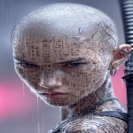 **orc woman, fangs, in the heavy hard rain, tempest, lightining, incandescent katana, tattooed head, super vitreous blank white eyes like empty blind eyes, editorial illustration of a young cyberpunk Asian girl warrior, punk hair cut half bald, from the underground cluber Tokyo drift club subculture, dendrokinetic Gang tattoo, blurred makeup, angry, kanji, --ar 3:5 --raw --p f6gpn1a sw3hfp8 o7iksp7 --stylize 750 --v 7.0** - Image #1 <@1054482006731395092>