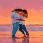 **oil painting of a man and woman in love, hugging on the beach at sunset. bright colors, with the couple wearing a white shirt, blue jeans, and a hat. the background is a vibrant mix of orange, pink, and yellow. the beautiful woman has long hair, and the colorful sky creates a dreamy, romantic atmosphere. the painting has visible brush strokes, giving it a digital art style. --ar 9:16** - Image #4 <@1220684338807439425>