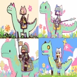 **cute medieval cat rides a diplodocus into battle --ar 3:2 --sref 1198707268 --profile xd6tqqy --sw 400 --stylize 800 --niji 6** - <@937851746712186921> (relaxed)