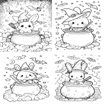 **kawaii witch bunny stirring a bubbling cauldron, bats flying around, stars in the background, heavy line art, coloring page --ar 5:7** - <@437878260013989888> (relaxed)