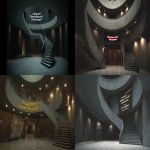 **dvd screengrab of the film "woody's neat emoji", an abandoned, gray, plastic, modern, brutalist high-rise building interior, a spiral staircase with an entrance door in dark wooden slats leading to different rooms on each level, a large sign above saying "endingjidd argvdaughter select" in deco-style letters, shot from below, wide angle, in the style of giger and katsuhiro otomo. --ar 2:1** - <@554549579131912202> (fast)