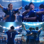 **Young Japanese male soccer player celebrating after scoring, plain solid blue jersey with no logos or brands, only a white back number, hugging teammates, modern stadium full of cheering fans, bright lights, sweat and determination on faces, cinematic atmosphere, realistic style, wide shot, no goalposts --niji 6** - <@1212945075831836692> (relaxed)