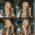 **Ultra-realistic photo of a 21-year-old blonde woman taking a mirror selfie in her bedroom. Long wavy blonde hair, glowing skin, and soft natural makeup. She’s holding her iPhone, posing confidently with a playful, teasing smile. WORKING ON A CAR Wearing a cozy off-the-shoulder top and fitted shorts, showing a fun, relaxed vibe. Warm daylight streams through the window, creating natural highlights and soft shadows. The mirror reflection is sharp and detailed, captured to look like a modern iPhone photo, with crisp focus, lifelike textures, natural depth of field, --s 250** - Variations (Subtle) by <@231984628037058561> (fast)