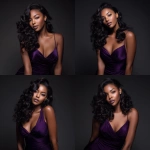 **Stunning Black African American woman with deep, rich dark skin, wearing a form-fitting purple gown. Her hair is long, silky, jet-black with a neat middle part, styled in soft, voluminous curls that frame her face similar to glamorous blowout curls. Full lips, long lashes, soft natural glam makeup, radiant skin. She leans forward slightly in a confident, feminine pose. Background is a sleek black gradient studio backdrop with subtle flash-photography highlights. High-fashion editorial lighting, ultra-realistic detail, smooth textures, luxury beauty aesthetic, 4k, portrait orientation. --v 7.0** - Variations (Strong) by <@1344017073965240440> (fast)