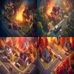 **a cinematic digital illustration of a fire emergency in a suburban neighborhood, two houses engulfed in flames, multiple red fire trucks parked nearby but not responding, grid-like road layout, surrounded by trees and small buildings, dramatic lighting, vibrant colors, satirical tone, visual irony, high detail, 3D isometric perspective --v 5.0 --ar 16:9** - <@1049176212263686190> (fast)