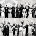 **A vintage anime-style full-body black-and-white illustration. A group of creepy abstract non-human creatures posing for a group photo, concept art, futuristic. --v 7.0** - Variations (Strong) by <@852041915598635039> (fast)