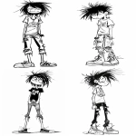 **a female version of Rodrick Heffley in Diary of a Wimpy Kid style, drawn as a punk tomboy teenager with messy spiky hair, ripped jeans, sneakers, and a band t-shirt, simple black and white cartoon line art, flat 2D illustration, minimal detail, no shading, white background, Jeff Kinney illustration style --v 6.0 --ar 2:3** - <@1143953488867508327> (fast)