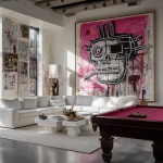 **create an all white studio, white couch, white pool table with a massive art piece on the wall, hot pink, black and white, some crazy charcoal lines, bears basquiat, big face, luxurions** - Image #3 <@1240395747078307862>
