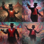**a carnival ring master wearing a red vest and black suit with no face under his black top hat is welcoming you with his right arm to the creepy weird Lovecraftian carnival that fills the background, at night, dynamic angle, as a front page art piece painting, --ar 8:11 --v 7.0** - <@1035886146422583346> (fast)