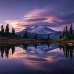**Stacked lenticular clouds at dawn over Mount Rainier, glassy Reflection Lakes capturing layered forms; intimate sense of connection and companionship. Cool sky with lilac accents Pantone 2645 C, soft golden edge light, ultra-realistic, clean composition, ample negative space; no people, no birds, no text, no logos --v 7.0** - Upscaled by <@1108853965199769681> (relaxed)