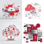 **A minimalist graphic design in red and gray colors, a big Symbol for Video, health, legal dokuments, a cloud-computer, a screen. On a pure white background. Small icons representing law, external consultants are shown as sharp, fascinating objects. The overall composition should convey the message that secure video conferencing is maximal important. Style: Clean, modern, corporate design with sharp contrasts between red and gray elements** - <@1092756638915629066> (fast)